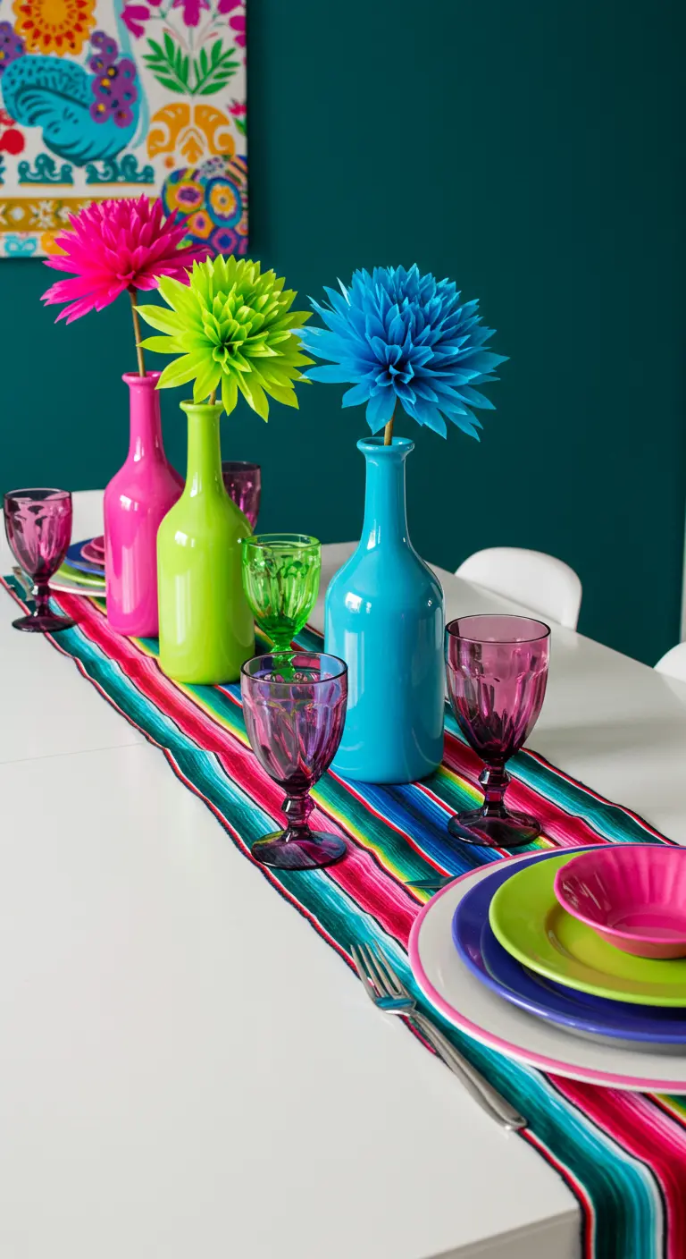 A modern table setting with brightly painted bottles used as vases for paper flowers and a serape runner.