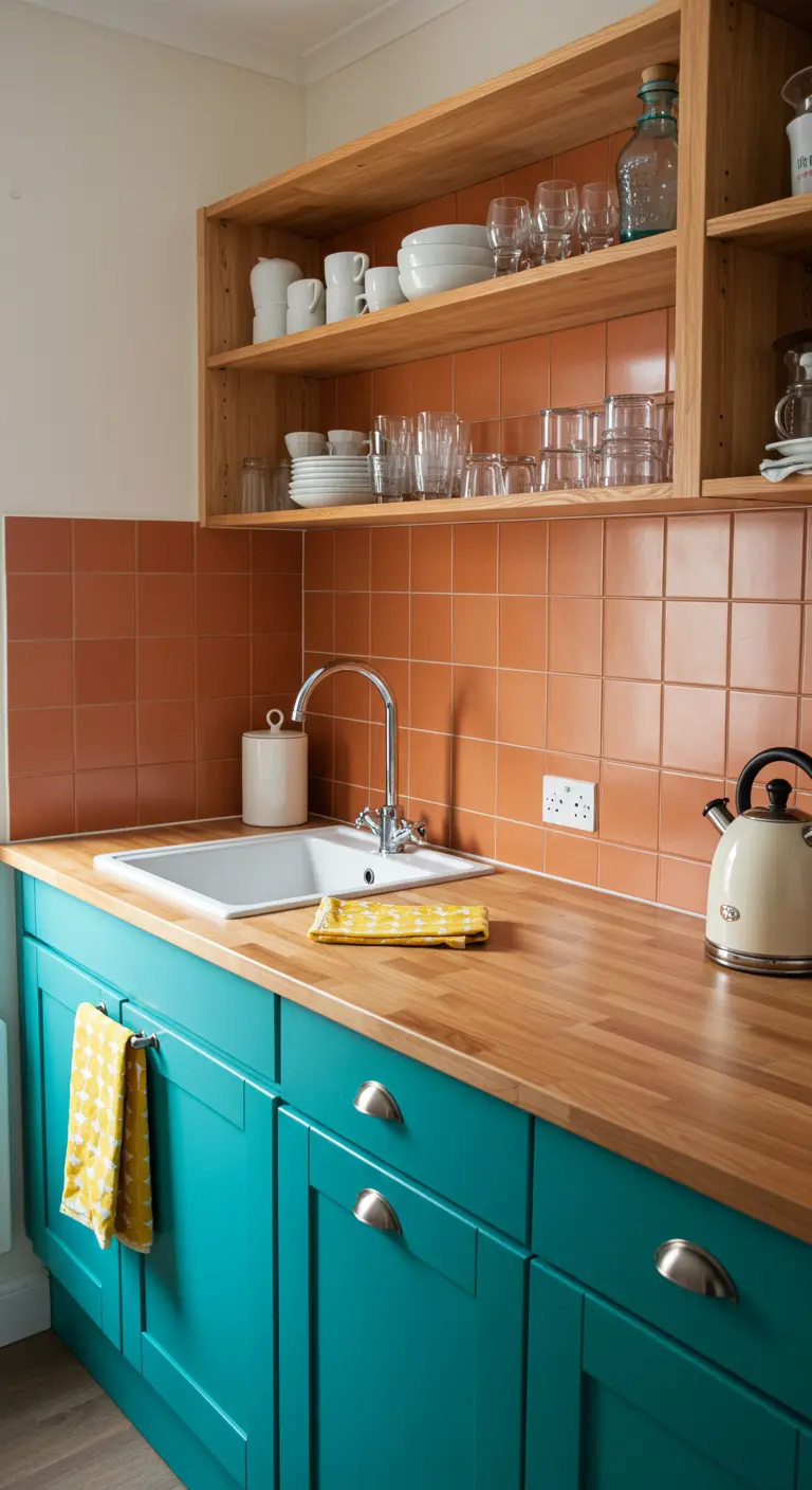 Kitchen with teal cabinets, a terracotta tile backsplash, and a wood countertop.