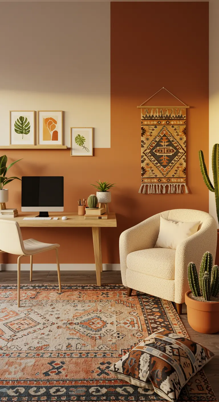 A room with a terracotta-colored accent wall behind a wooden desk, creating a defined office nook.