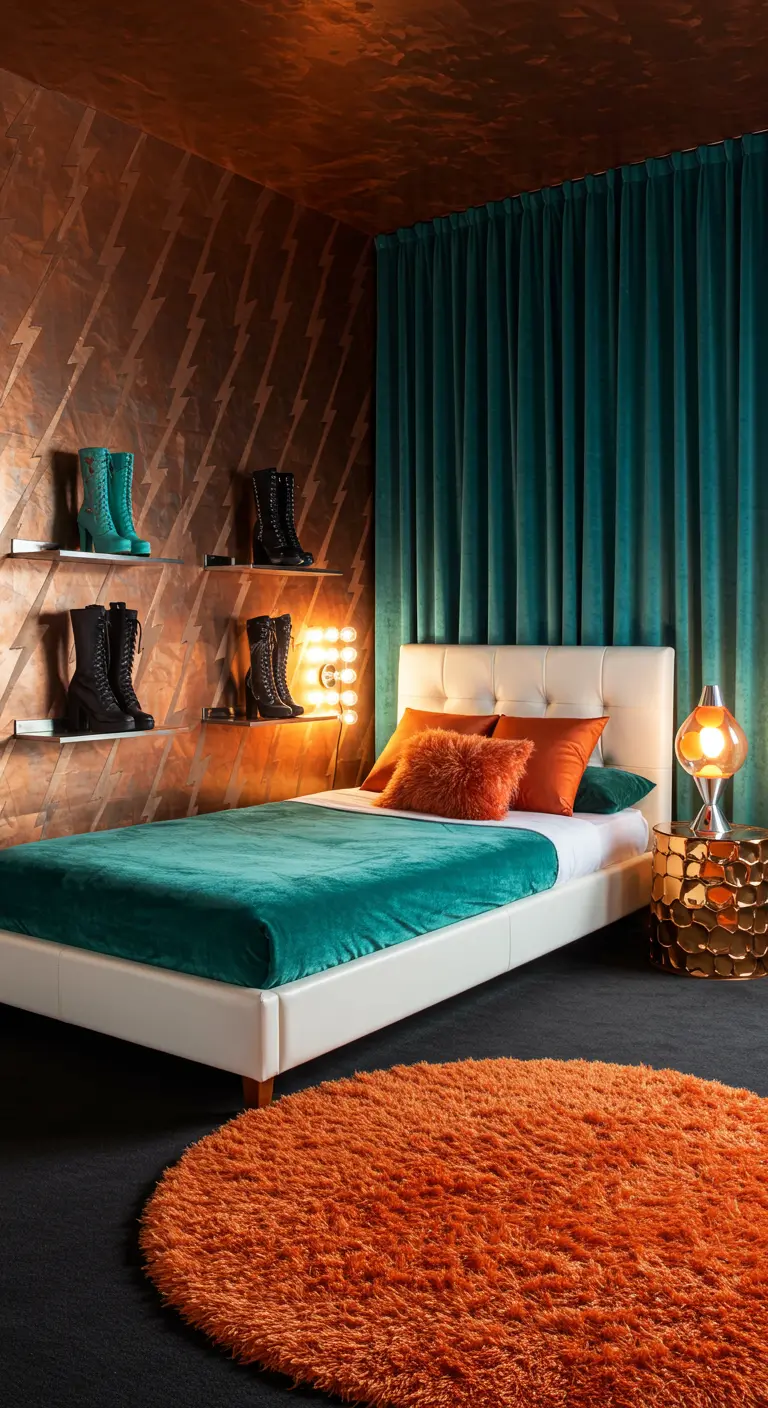 Bedroom with a copper accent wall, teal curtains, and an orange rug.