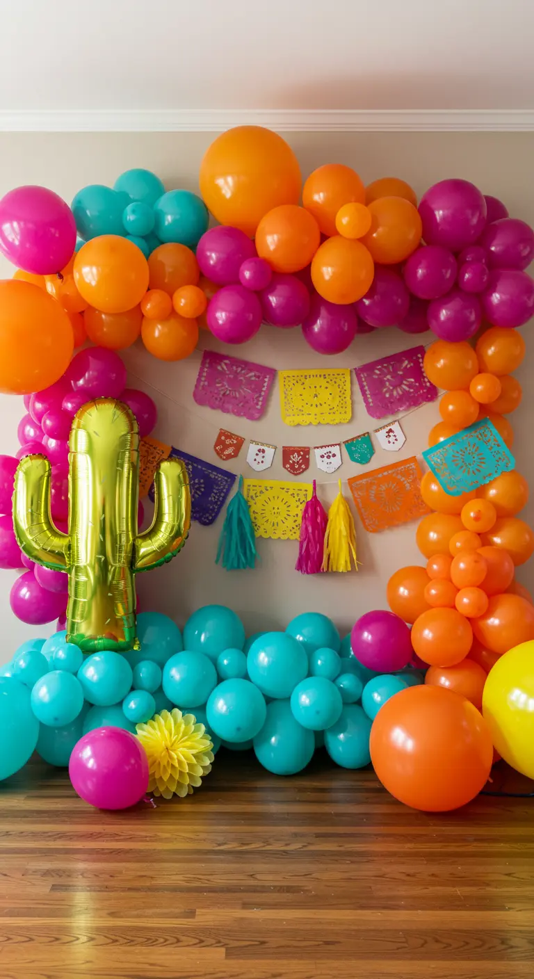 A colorful fiesta-themed balloon frame with a cactus balloon and papel picado.