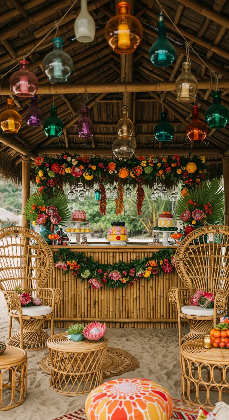 A colorful beachside tiki bar decorated with floral garlands and hanging colored glass lanterns.