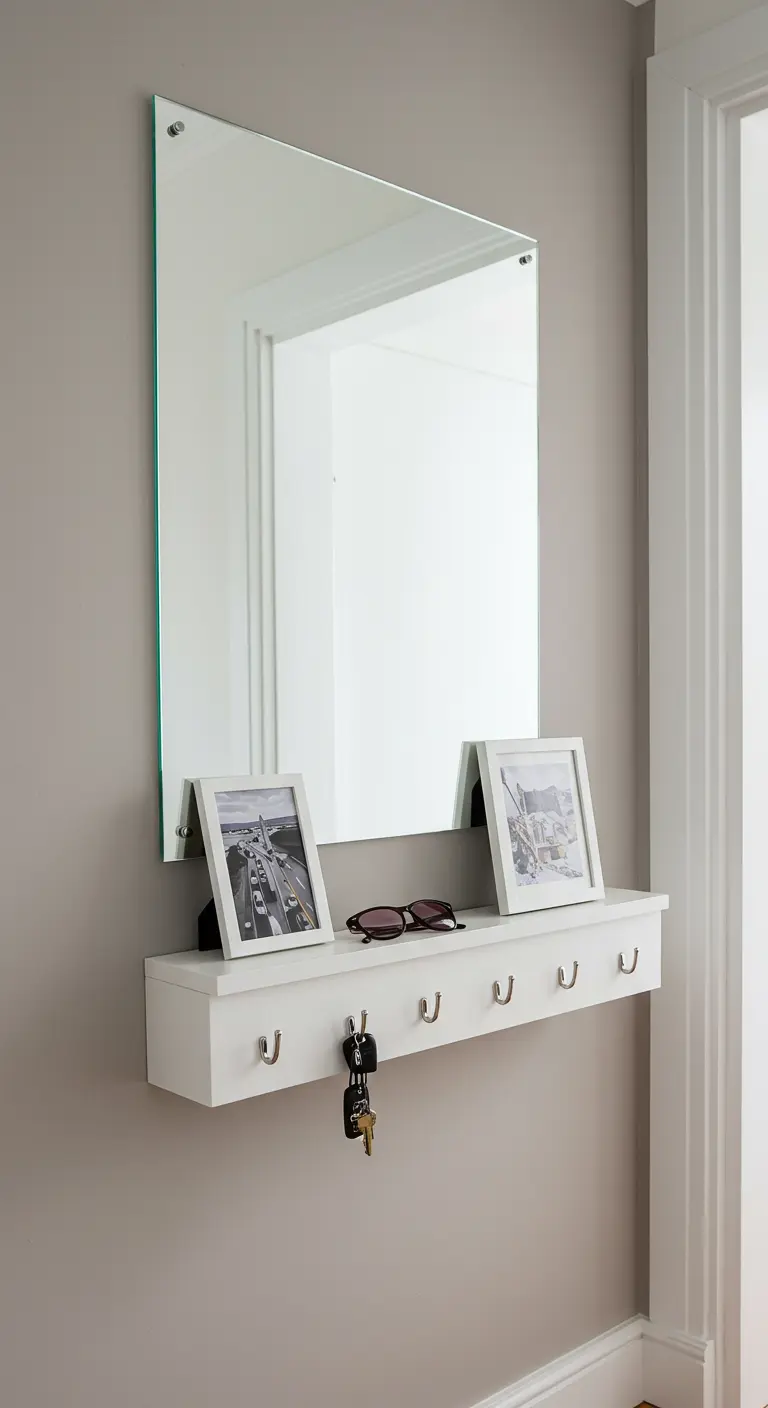 A simple white floating shelf with built-in hooks for keys, beneath a frameless mirror.