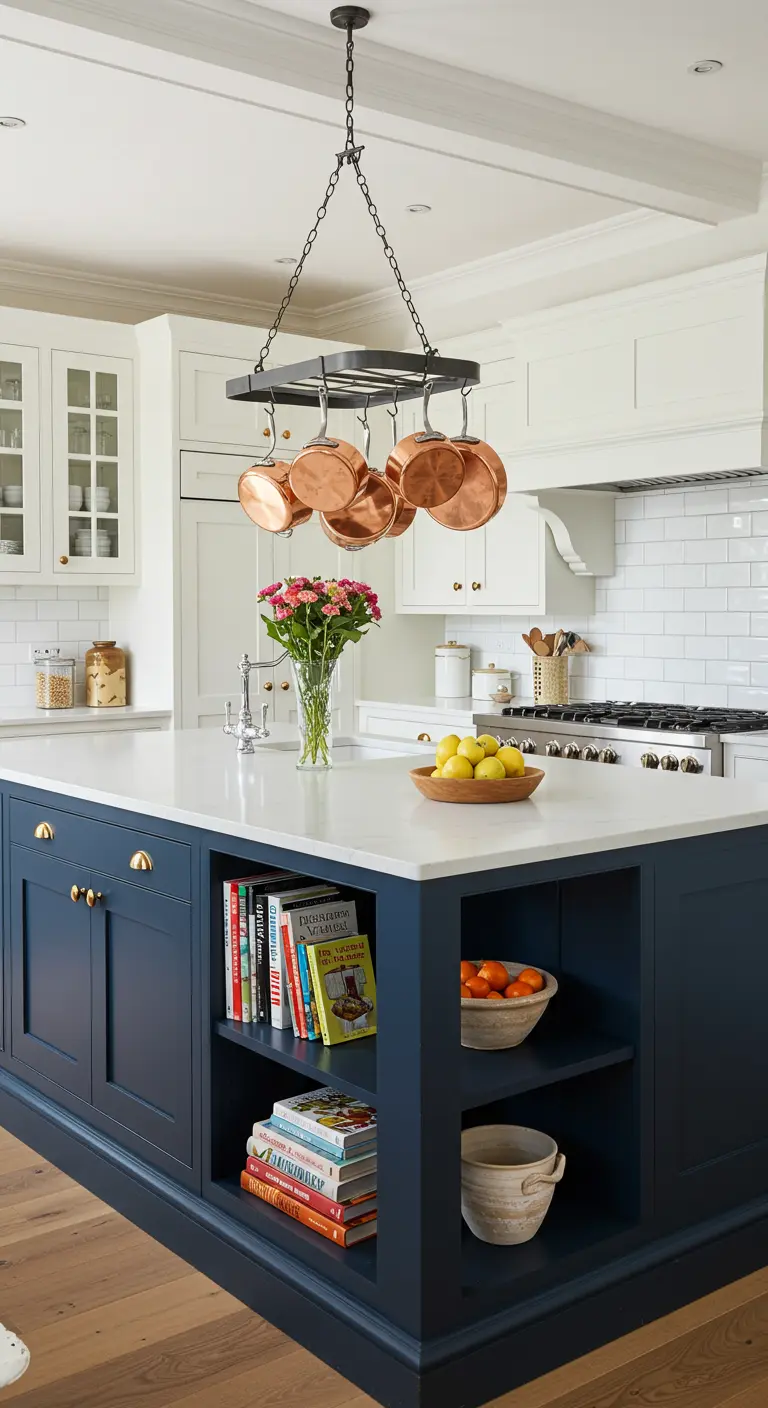 Navy kitchen island with a hanging black pot rack displaying shiny copper pans.