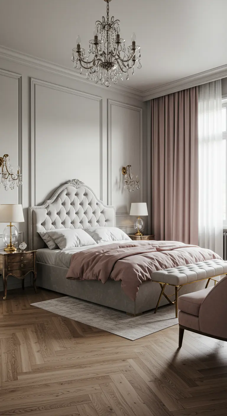An elegant grey and dusty rose bedroom with a tufted headboard and crystal lighting.