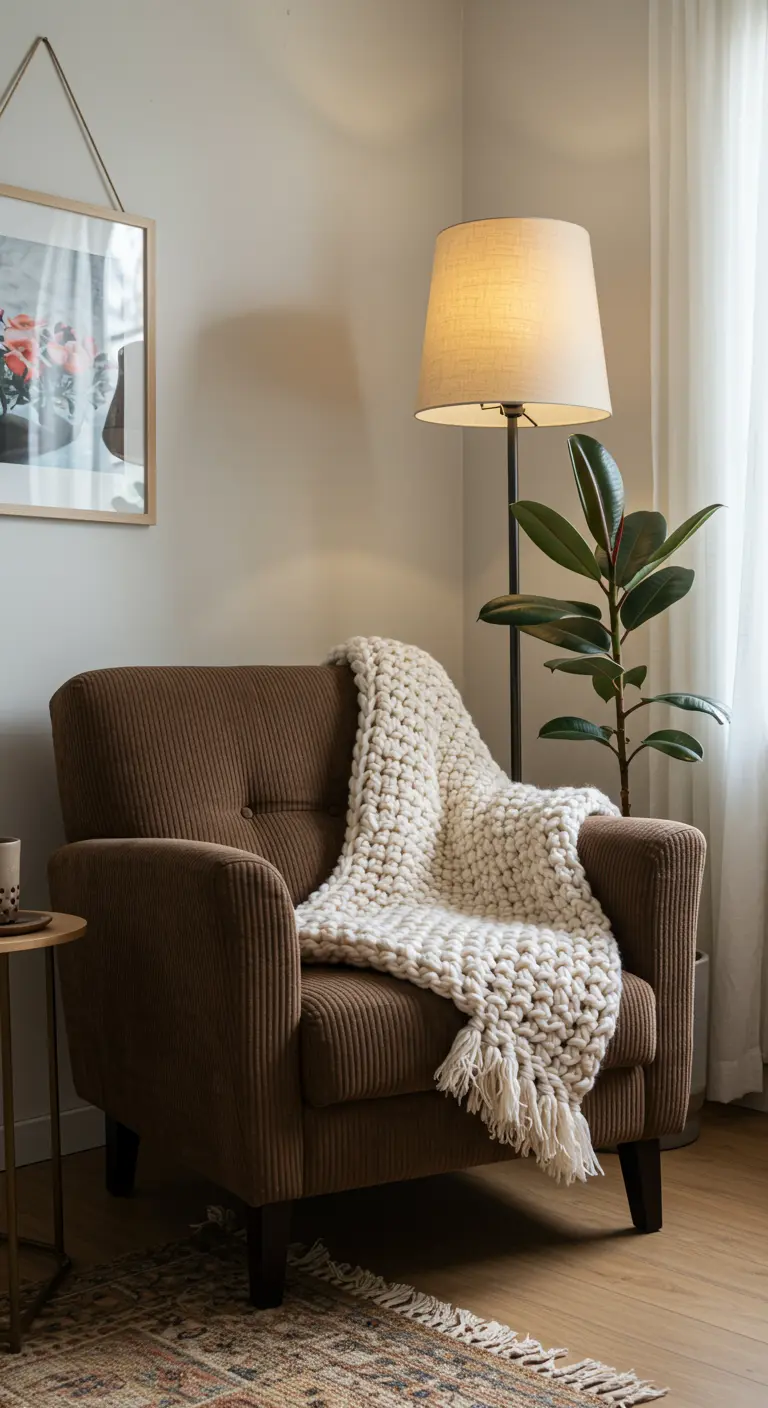 A brown corduroy armchair with a chunky cream-colored knit blanket draped over it.