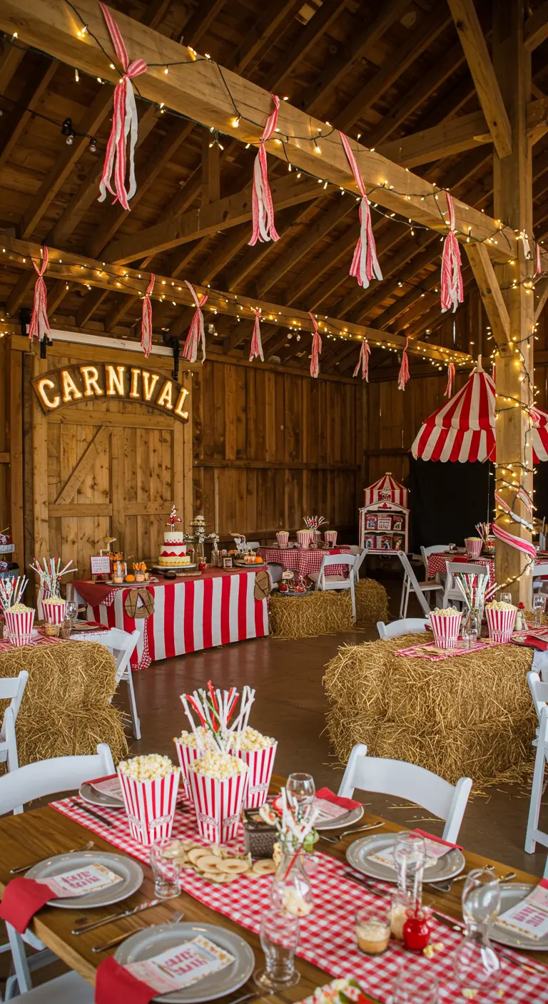 A carnival party inside a rustic barn with hay bales and gingham.