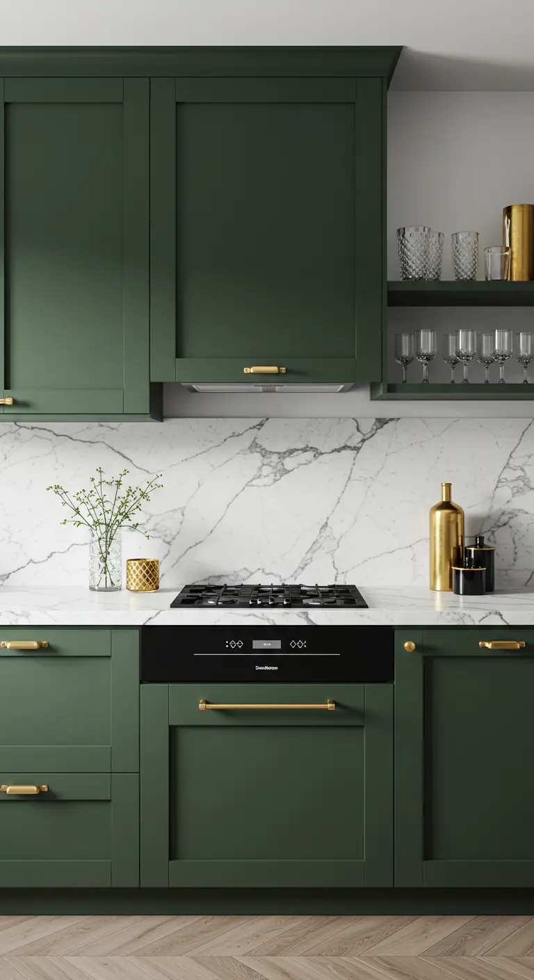 A sophisticated kitchen with deep green shaker cabinets, a white marble backsplash, and brass hardware.