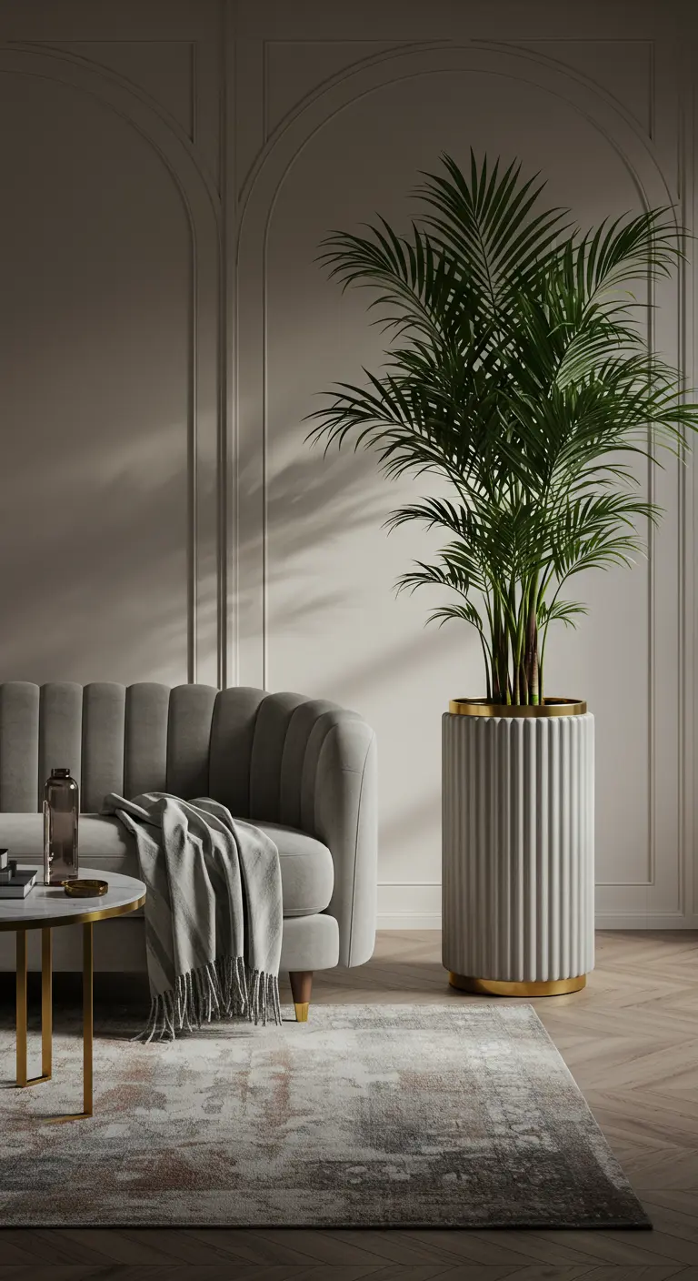 A gray velvet sofa beside a tall, fluted planter with a brass bottom trim.