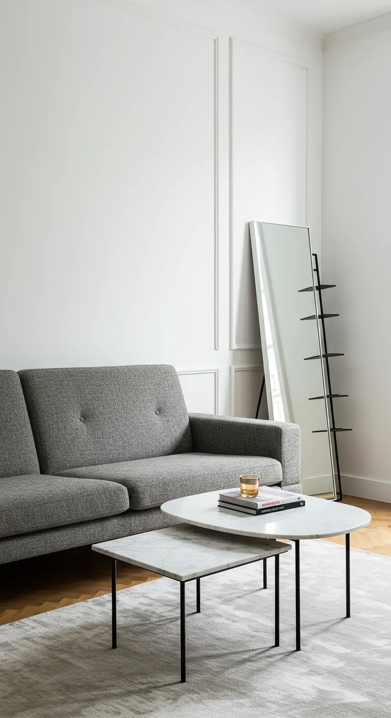 Gray sofa with marble nesting tables and a leaning mirror-shelf unit against a white wall.