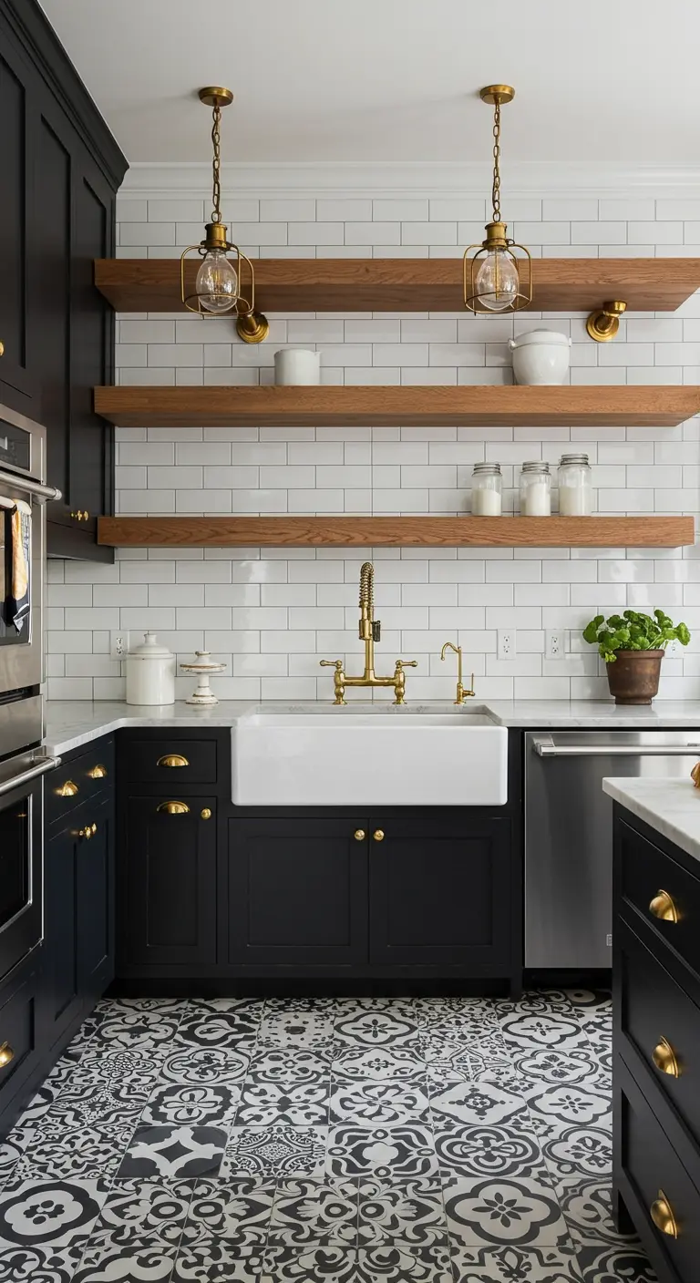 Kitchen with black cabinets, wood shelves, a farmhouse sink, and ornate floor tiles.