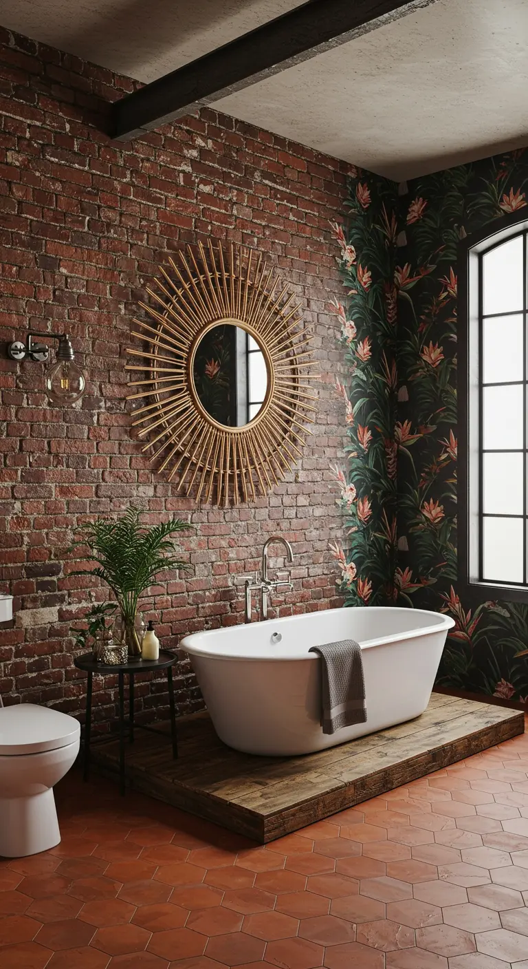 Bathroom with exposed brick, tropical wallpaper, and a freestanding tub on a wooden platform.