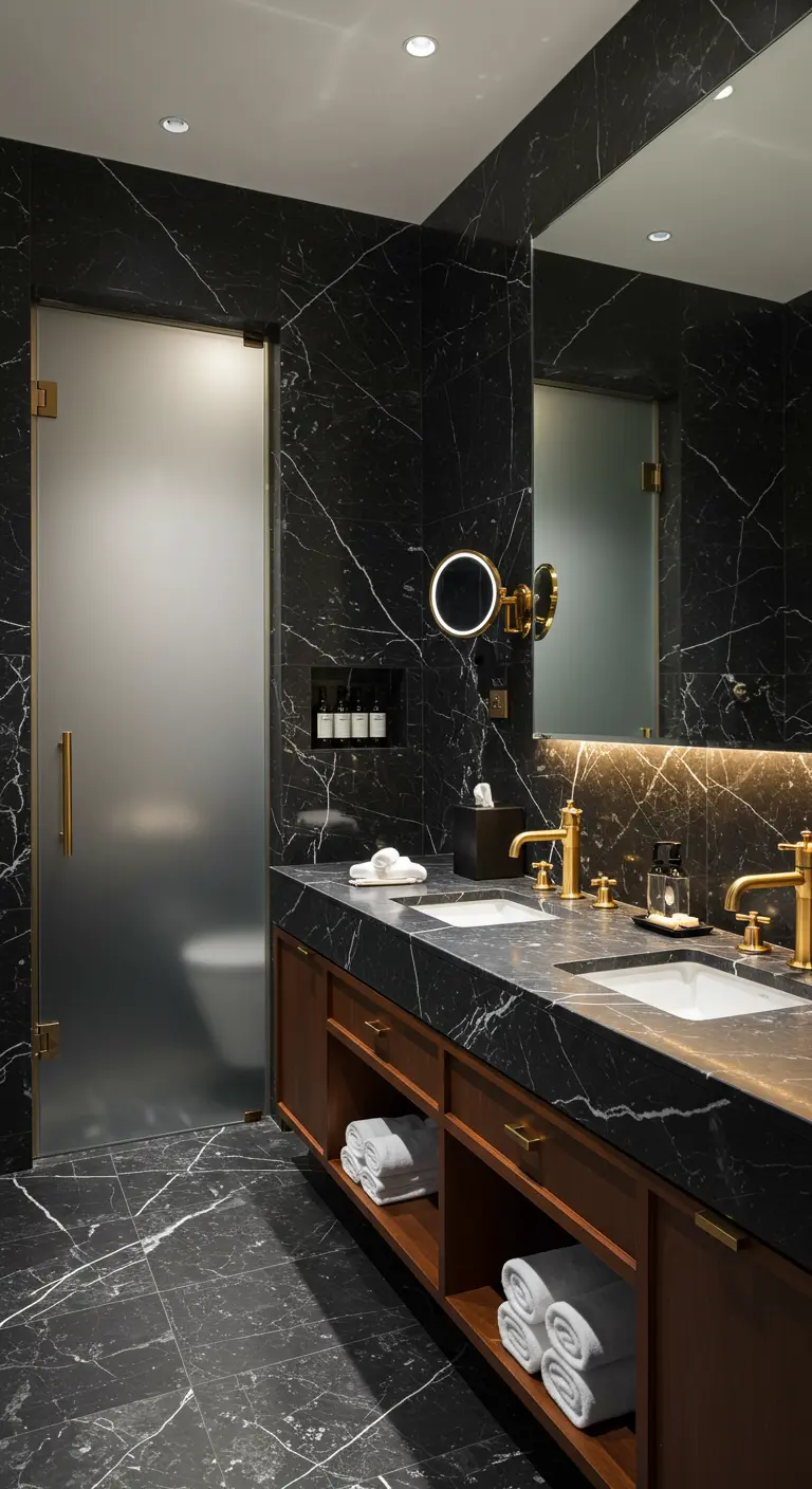 Black marble bathroom with a wood vanity that has open shelving for towels.