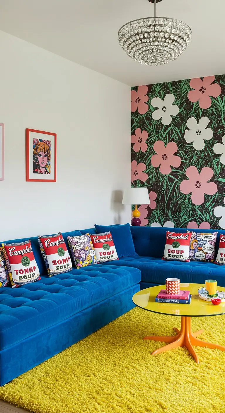 Blue tufted sectional and yellow rug in front of a pink and white floral pop art wallpaper.