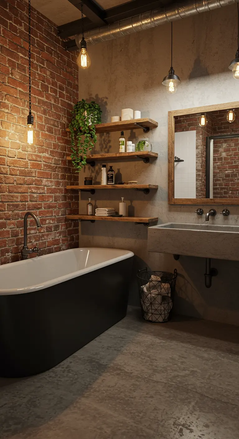 Industrial bathroom with exposed brick, concrete sink, and hanging Edison bulbs.