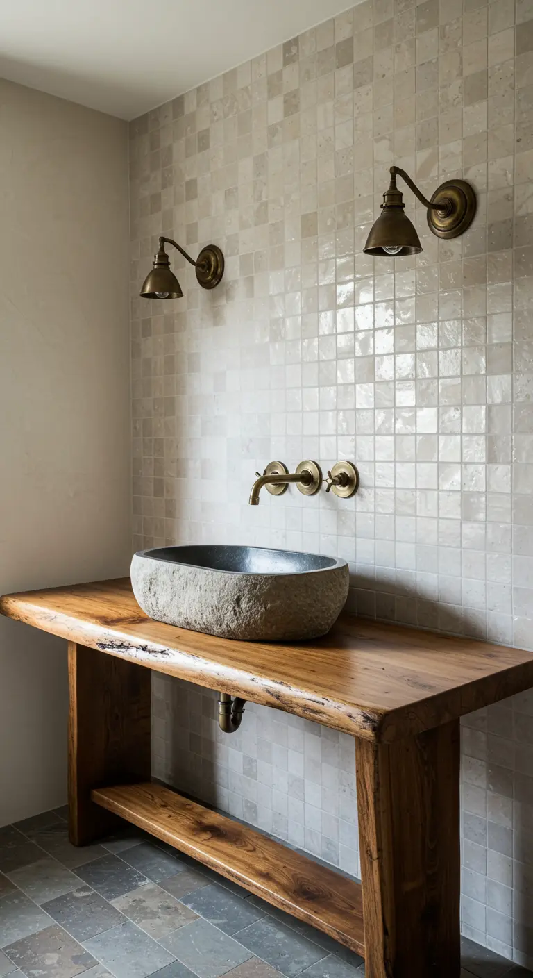 A bathroom with a live-edge wood vanity topped with a rough, carved stone vessel sink.
