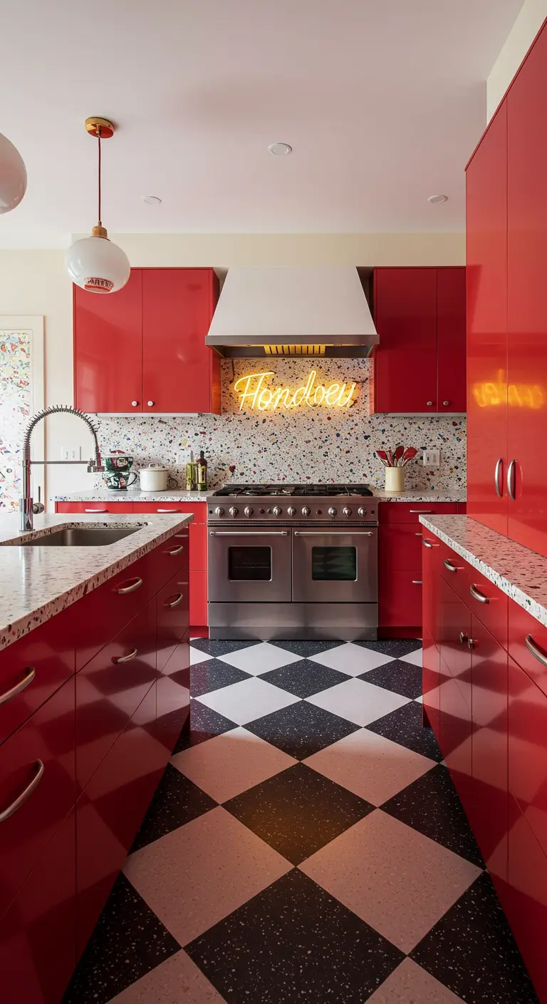 Kitchen with glossy red cabinets, terrazzo backsplash, and a black and white diamond-patterned floor.