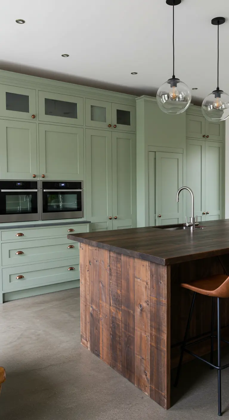 Kitchen with floor-to-ceiling sage green cabinets and a dark reclaimed wood island.