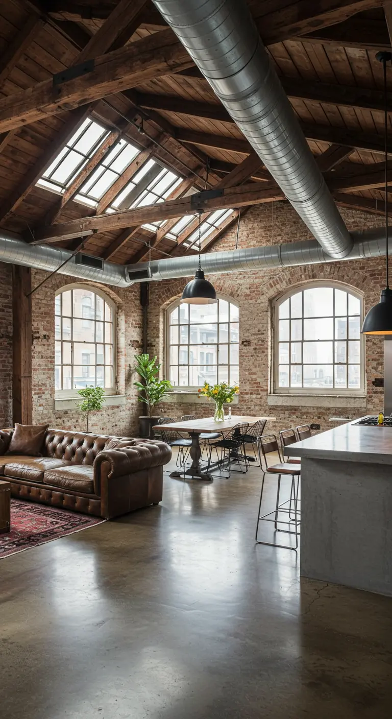 An open-plan loft with exposed brick, a wood-paneled ceiling with skylights, and a leather sofa.