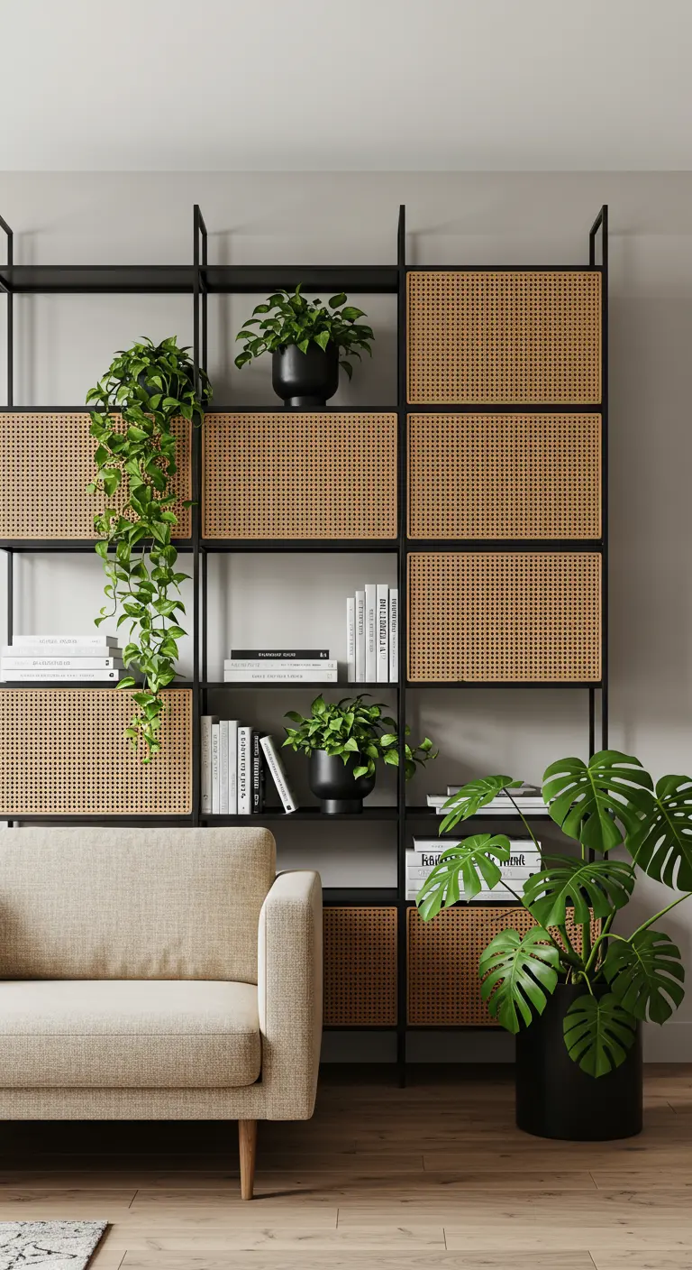 A tall shelving unit with cane-front doors, styled with books and cascading plants.