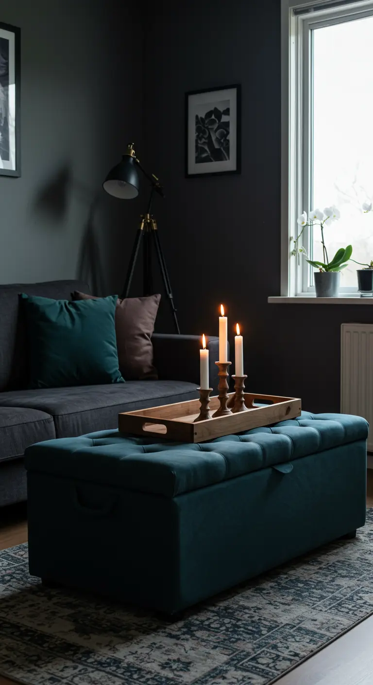 A deep teal tufted storage ottoman serves as a coffee table in a dark living room.