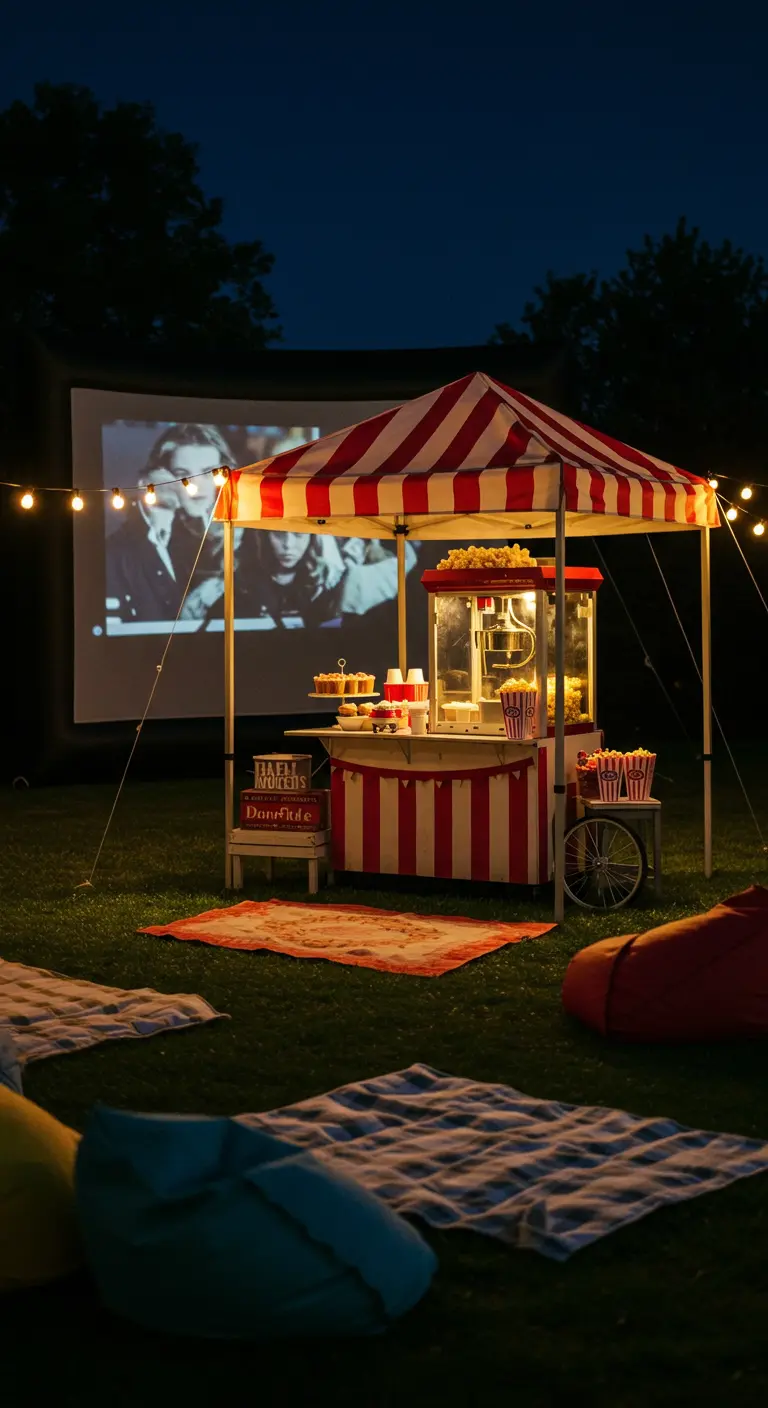 An outdoor movie night with a carnival popcorn stand and blankets on the grass.