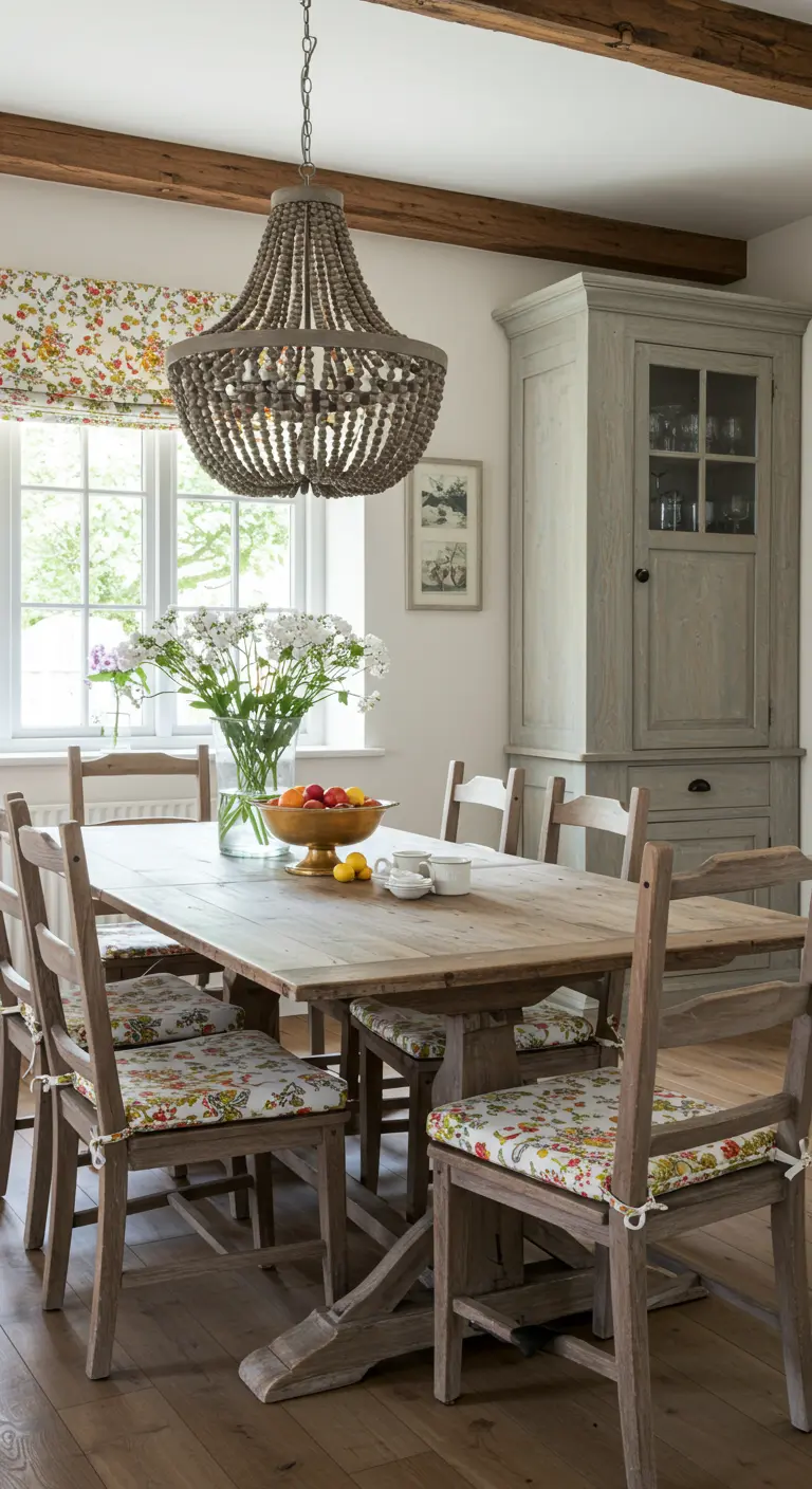 A dining room with a rustic wood table, a grey hutch, and a beaded chandelier.