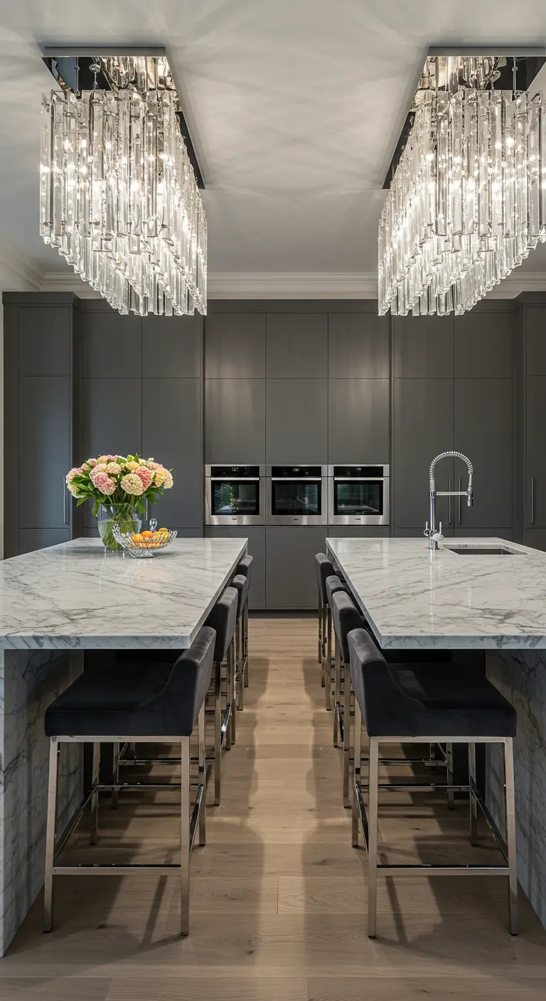 A large, symmetrical kitchen with two identical marble islands and matching crystal chandeliers.