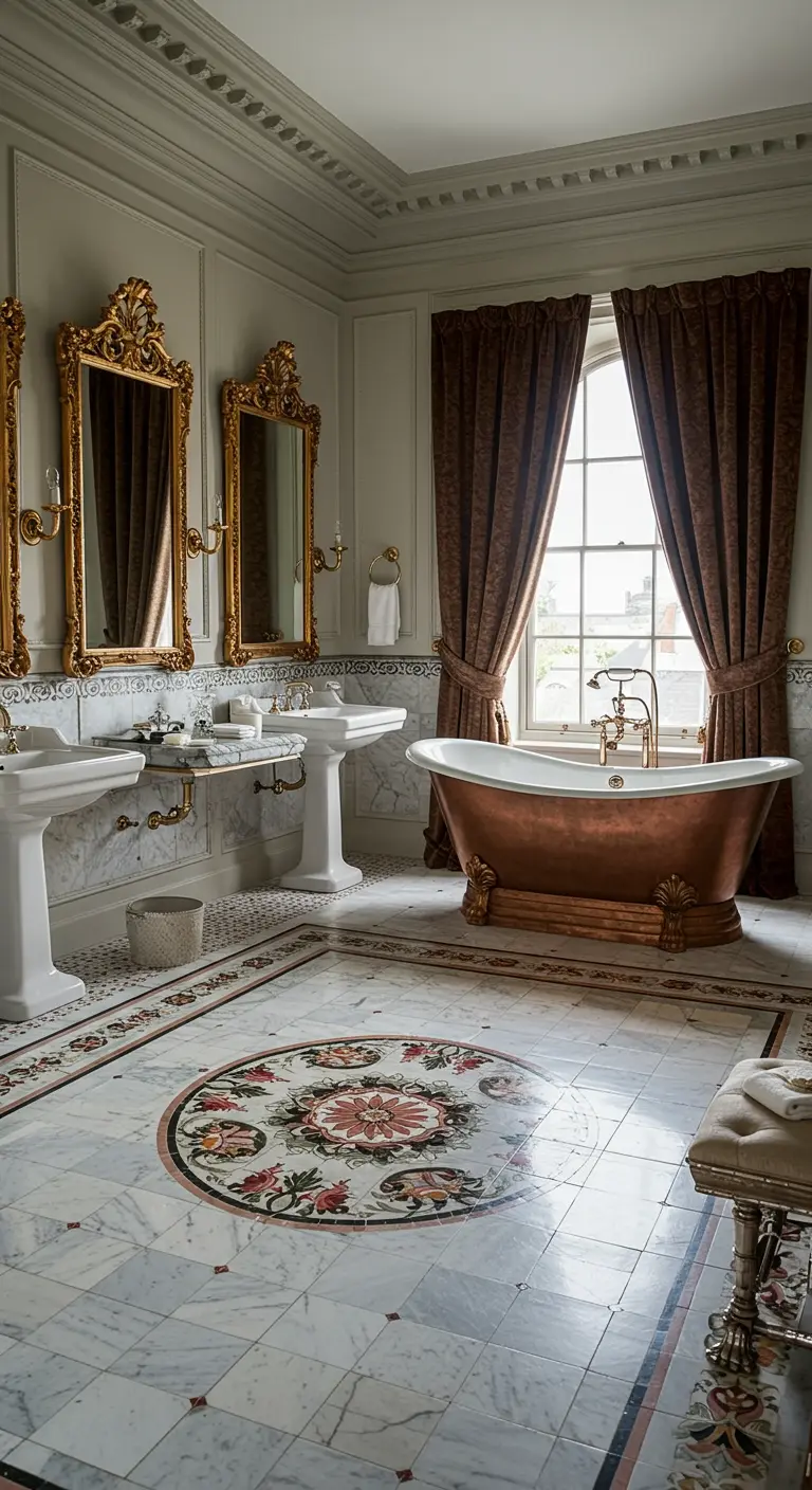 Luxurious bathroom with marble floor inlay, copper tub, and dual pedestal sinks.