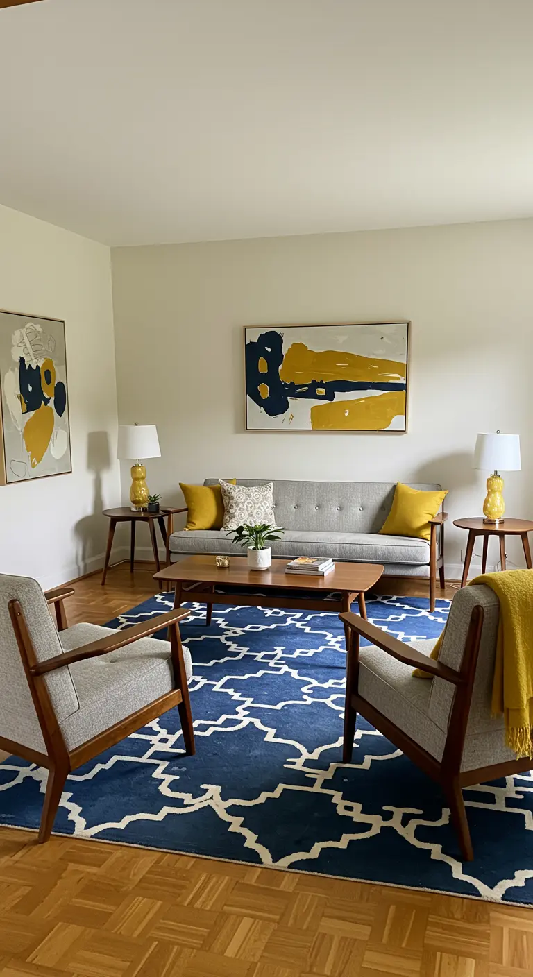 Mid-century living room with a dominant blue and white trellis rug and yellow pillows.