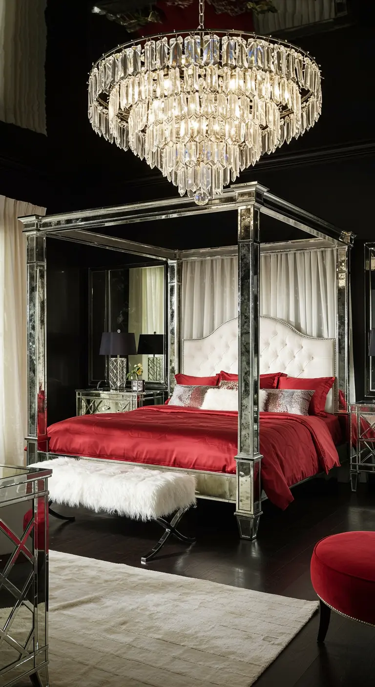 Bedroom with a mirrored four-poster bed, black walls, red bedding, and a large crystal chandelier.