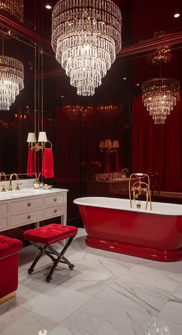 Opulent bathroom with a red freestanding tub, red velvet accents, and dark mirrored walls.