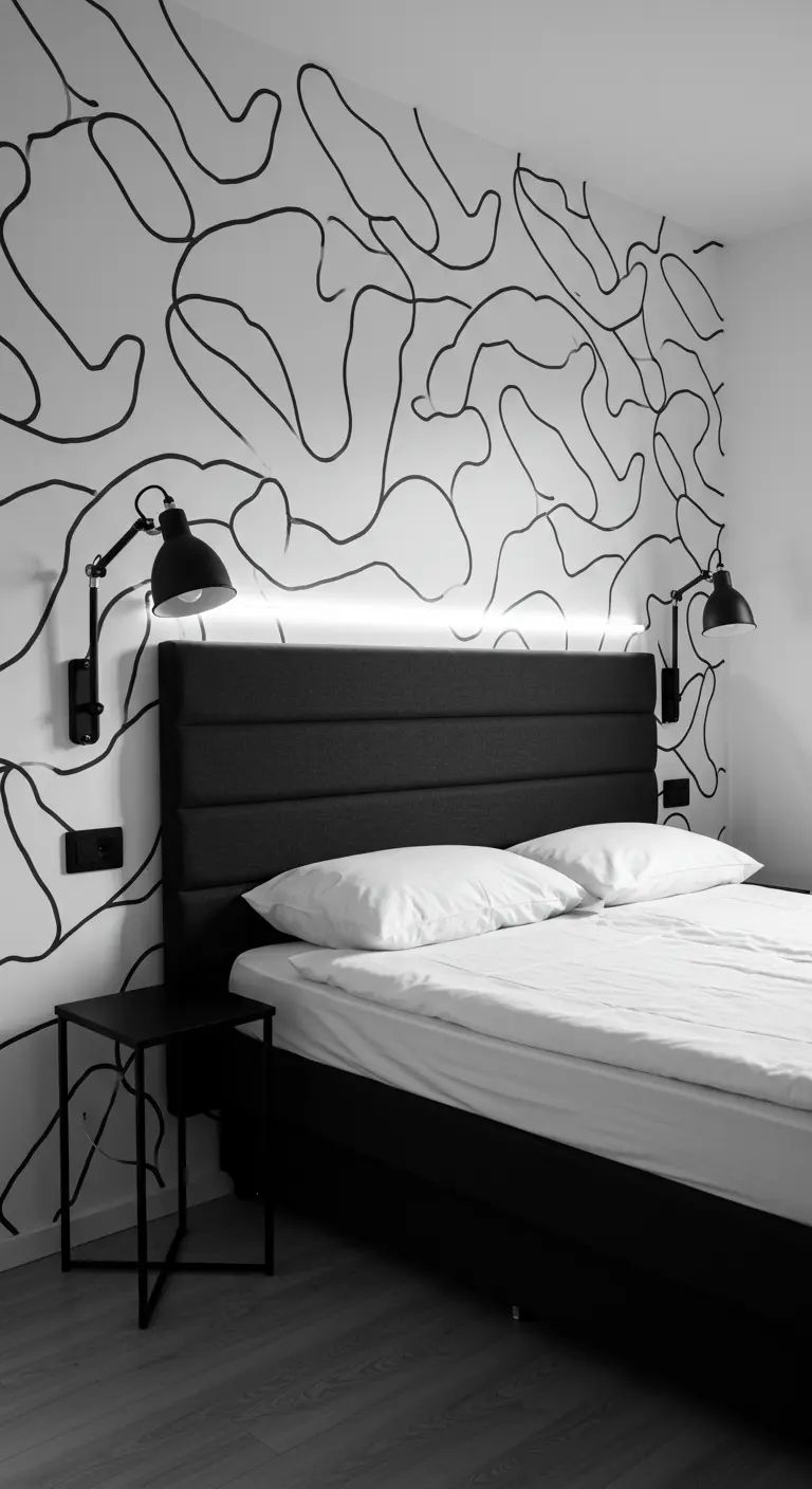 Black and white bedroom with abstract line wallpaper and a black headboard.