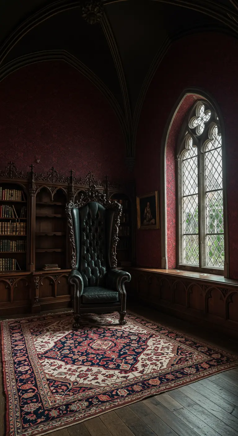 A tall, throne-like leather armchair in a room with gothic architecture and red damask wallpaper.