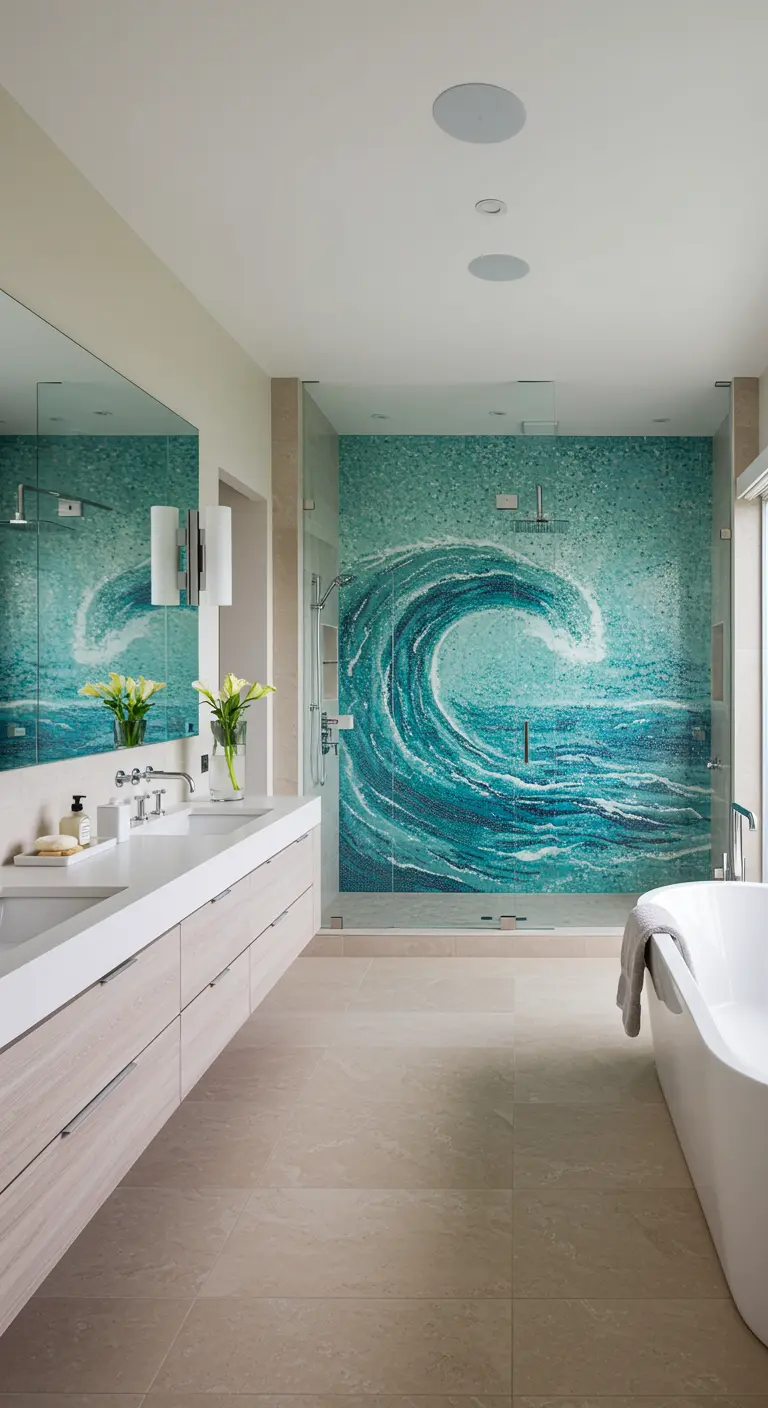 Walk-in shower with a large, dramatic mosaic tile mural of an ocean wave.