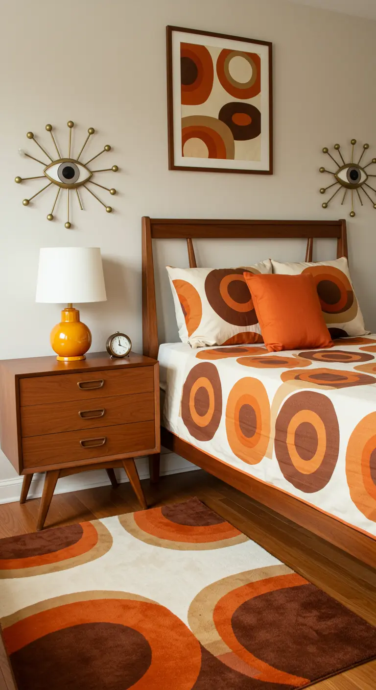 Retro bedroom with bold orange and brown circle patterns on the bedding and rug.