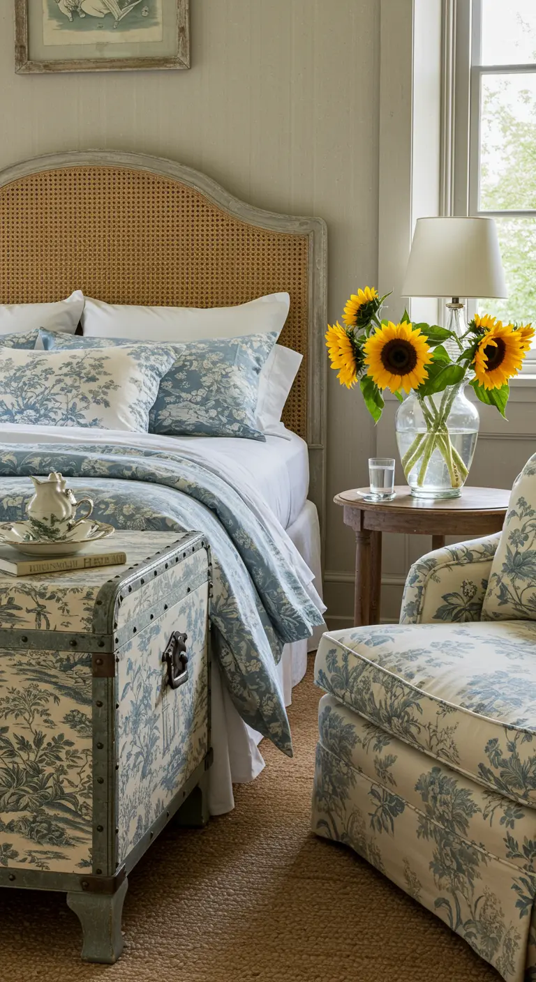 French country-style bedroom featuring blue and white toile fabric and a rattan headboard.
