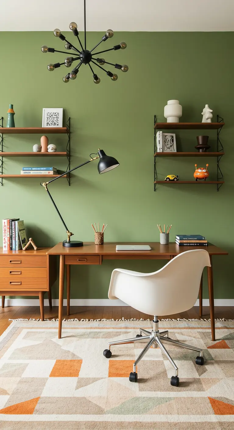 Home office with olive green walls, a walnut desk, and a sputnik chandelier.