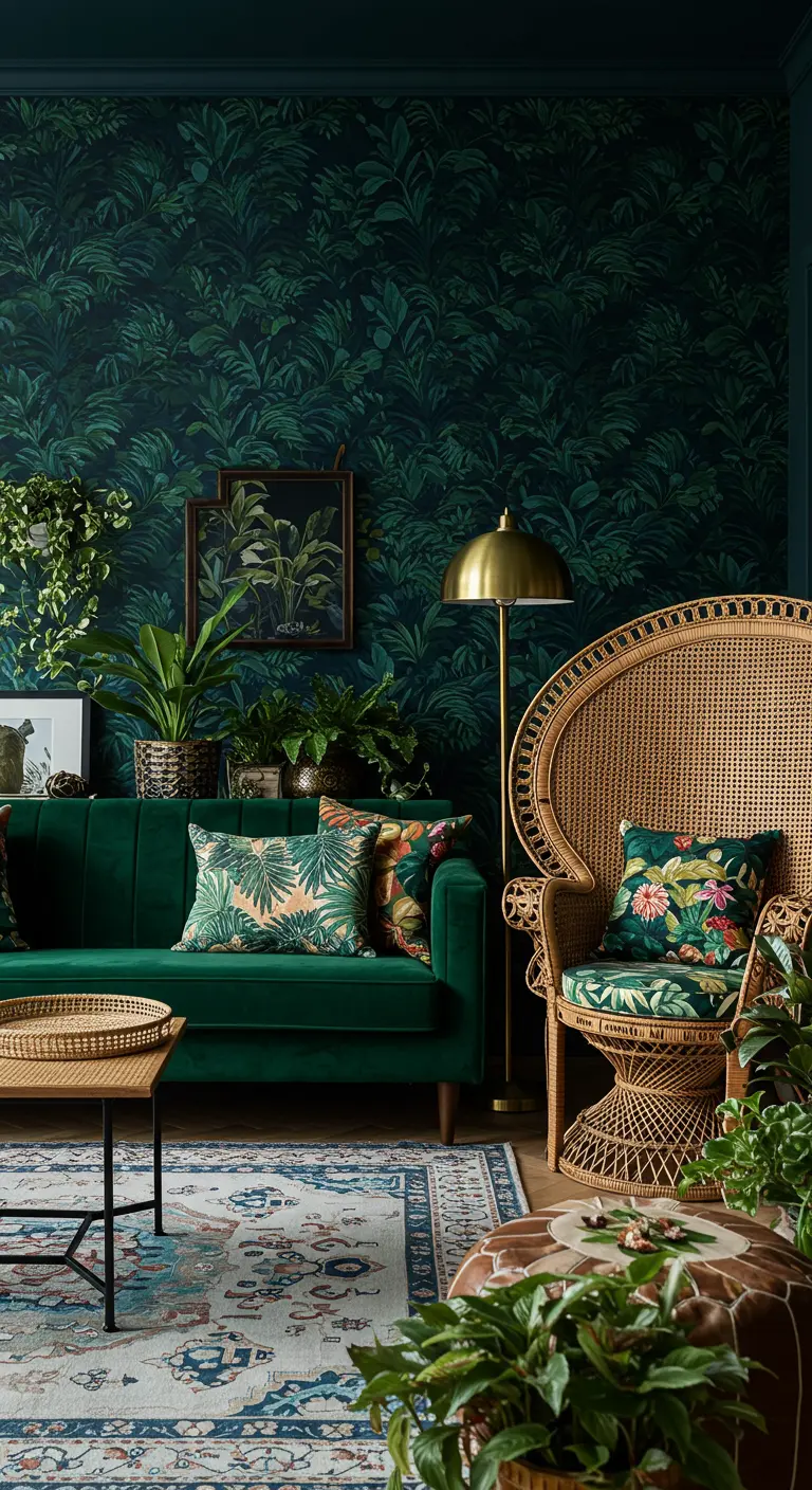 Moody living room with dark green botanical wallpaper, a green velvet sofa, and a rattan peacock chair.