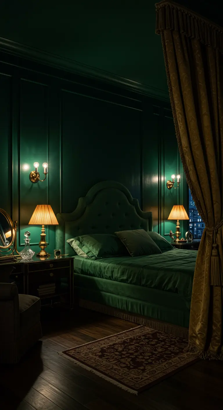 A moody, dark emerald green bedroom with a matching velvet headboard and gold drapes.