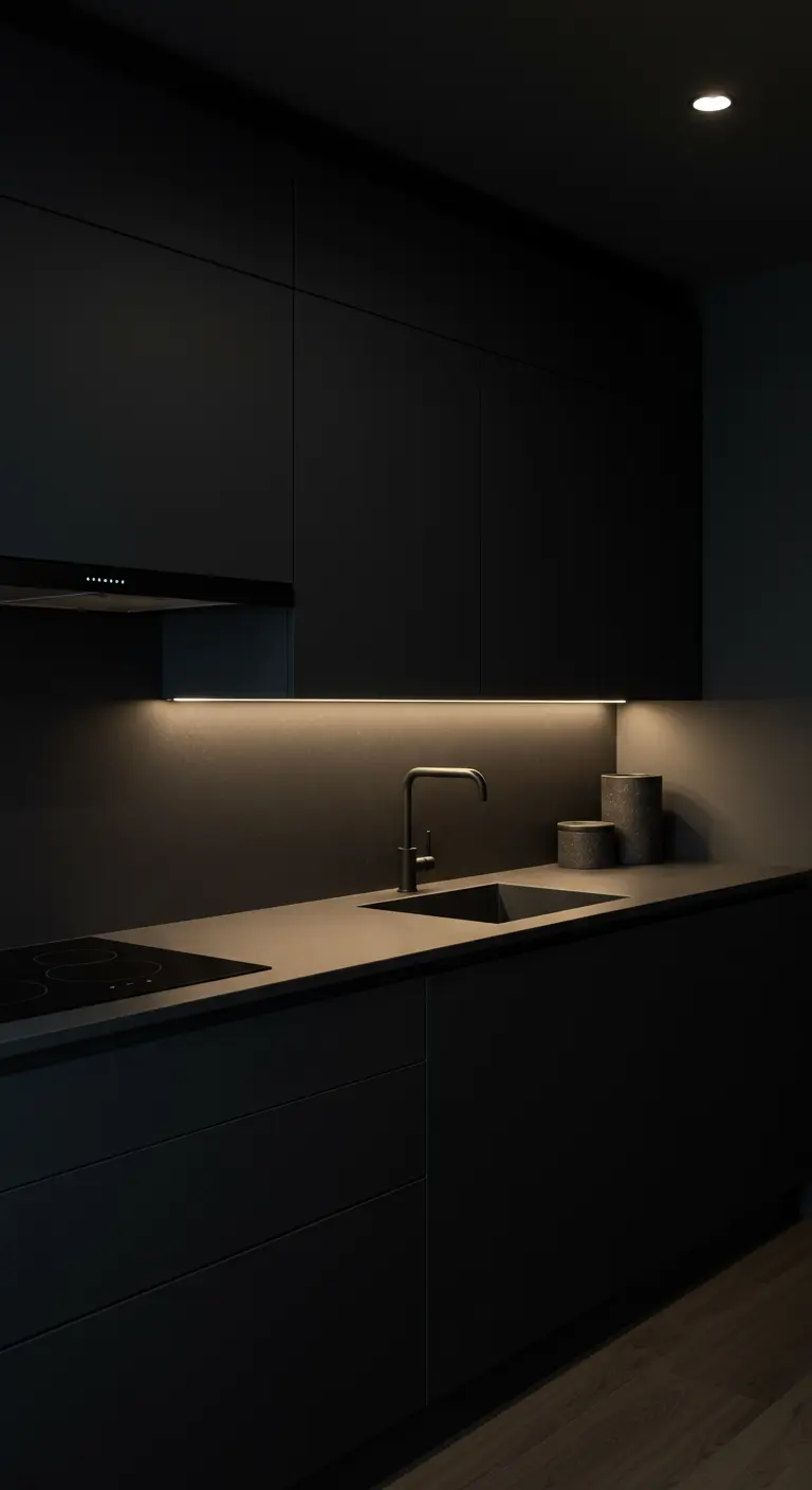 A very dark charcoal kitchen with handle-less cabinets, illuminated only by a warm strip of light.