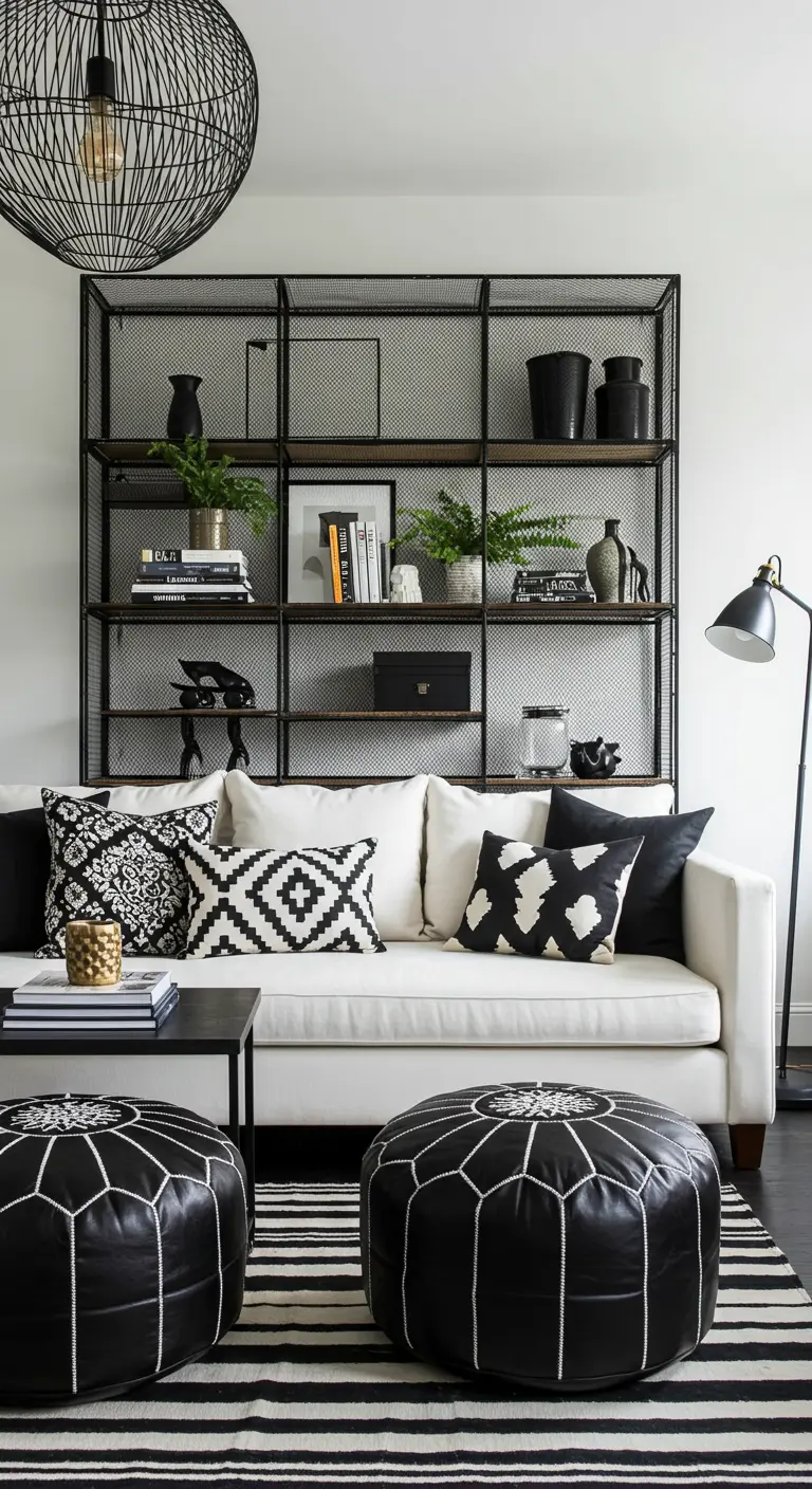 Black and white living room with a black mesh shelf, striped rug, and black leather poufs.