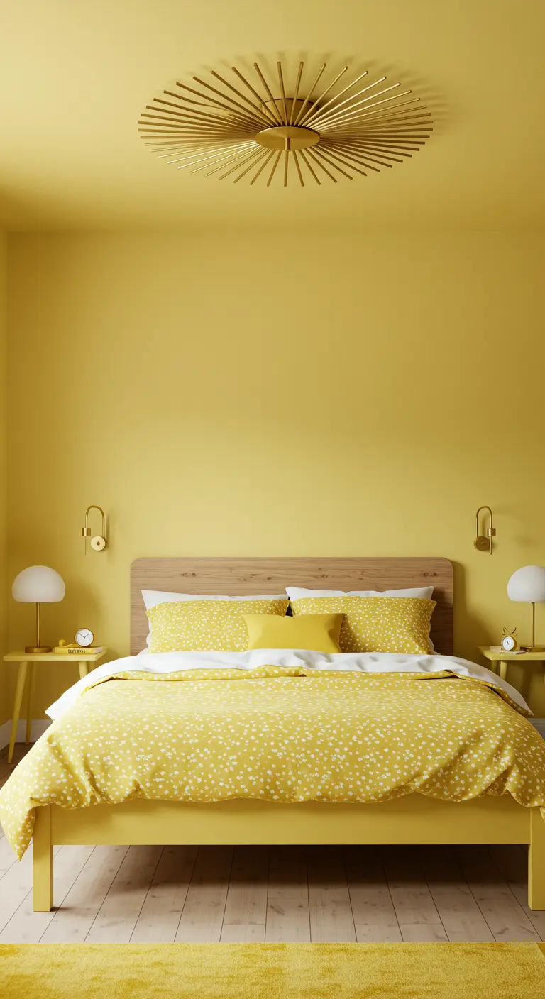 Bright yellow monochrome bedroom with a gold sunburst light fixture on the ceiling.