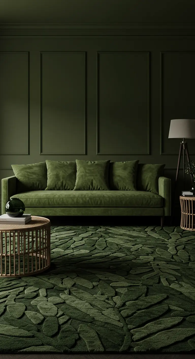 A monochromatic living room with olive green walls, a green velvet sofa, and a green leaf-patterned rug.