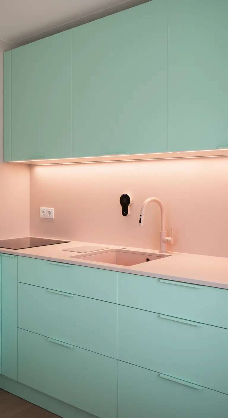 Ultra-modern kitchen with handleless mint cabinets and a seamless pink backsplash, counter, and faucet.