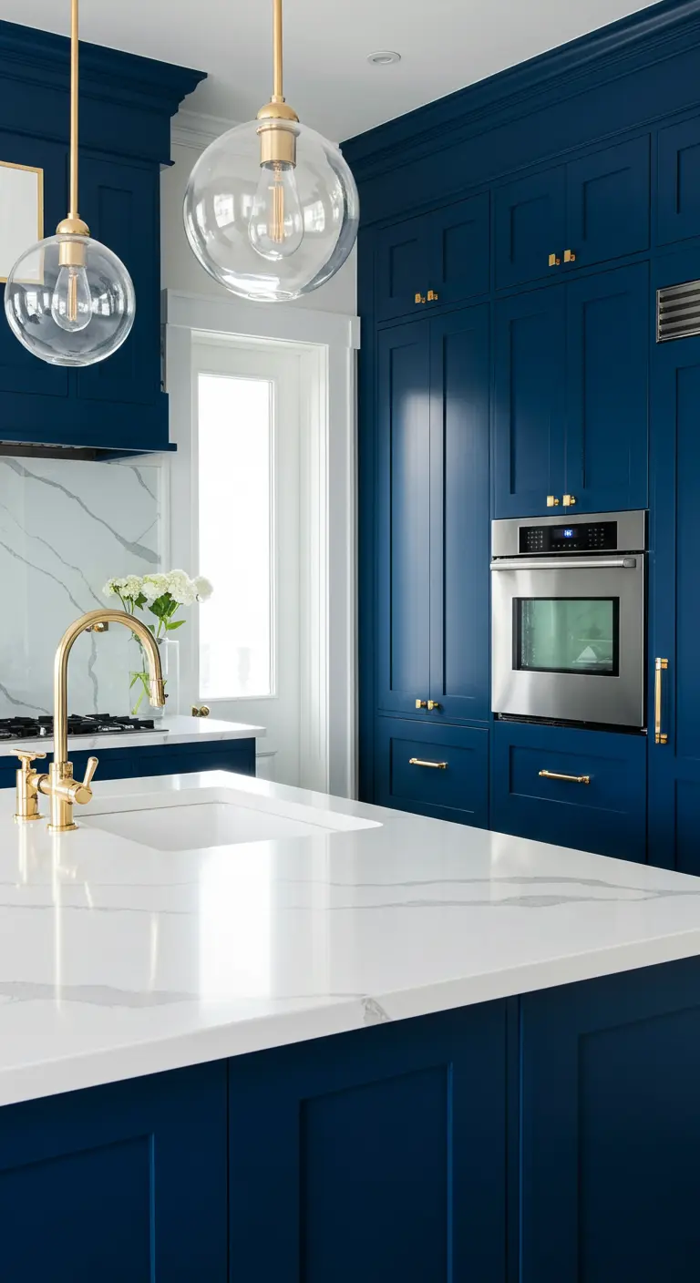 Dramatic kitchen with floor-to-ceiling navy cabinets and bright white quartz countertops.