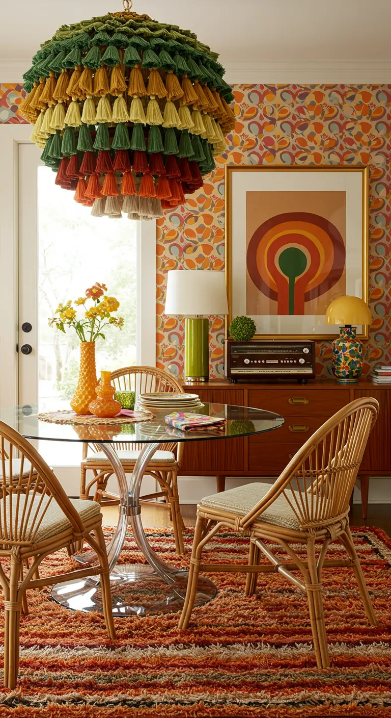Retro dining room with patterned wallpaper and a matching tiered tassel chandelier.