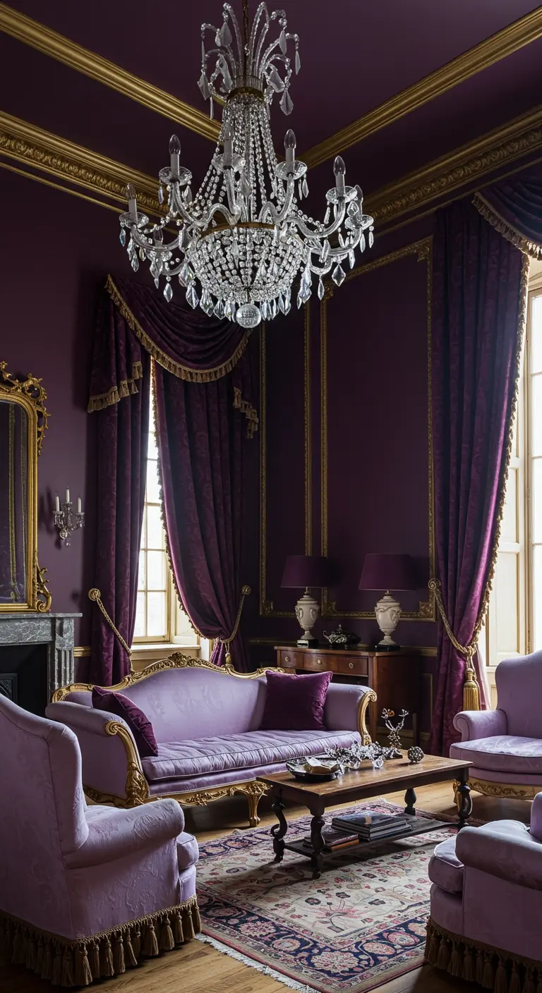 A luxurious living room with deep purple walls, lilac sofas, and a large crystal chandelier.