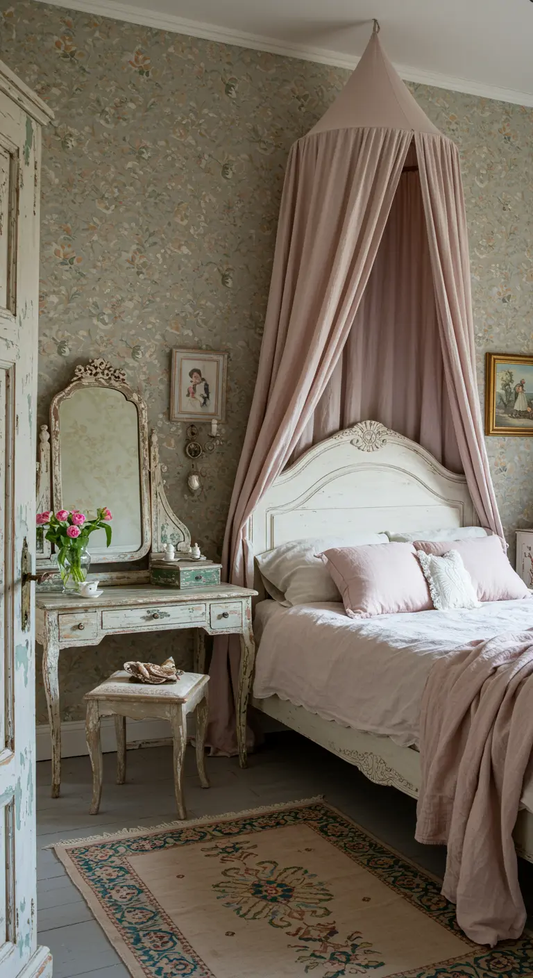 Vintage bedroom with floral wallpaper, a distressed white bed and vanity, and a dusty rose canopy.