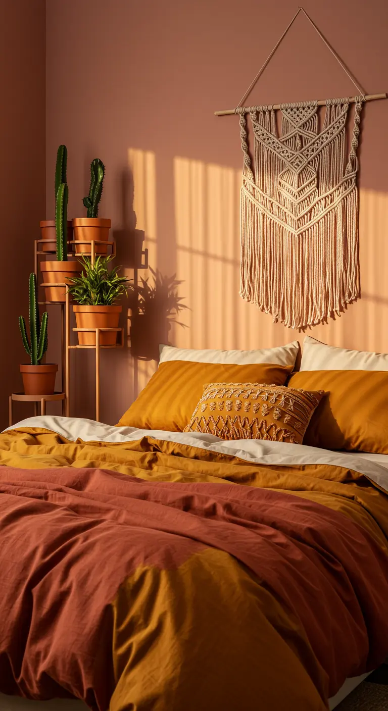 Bedroom with terracotta walls, layered orange and yellow bedding, and cacti.